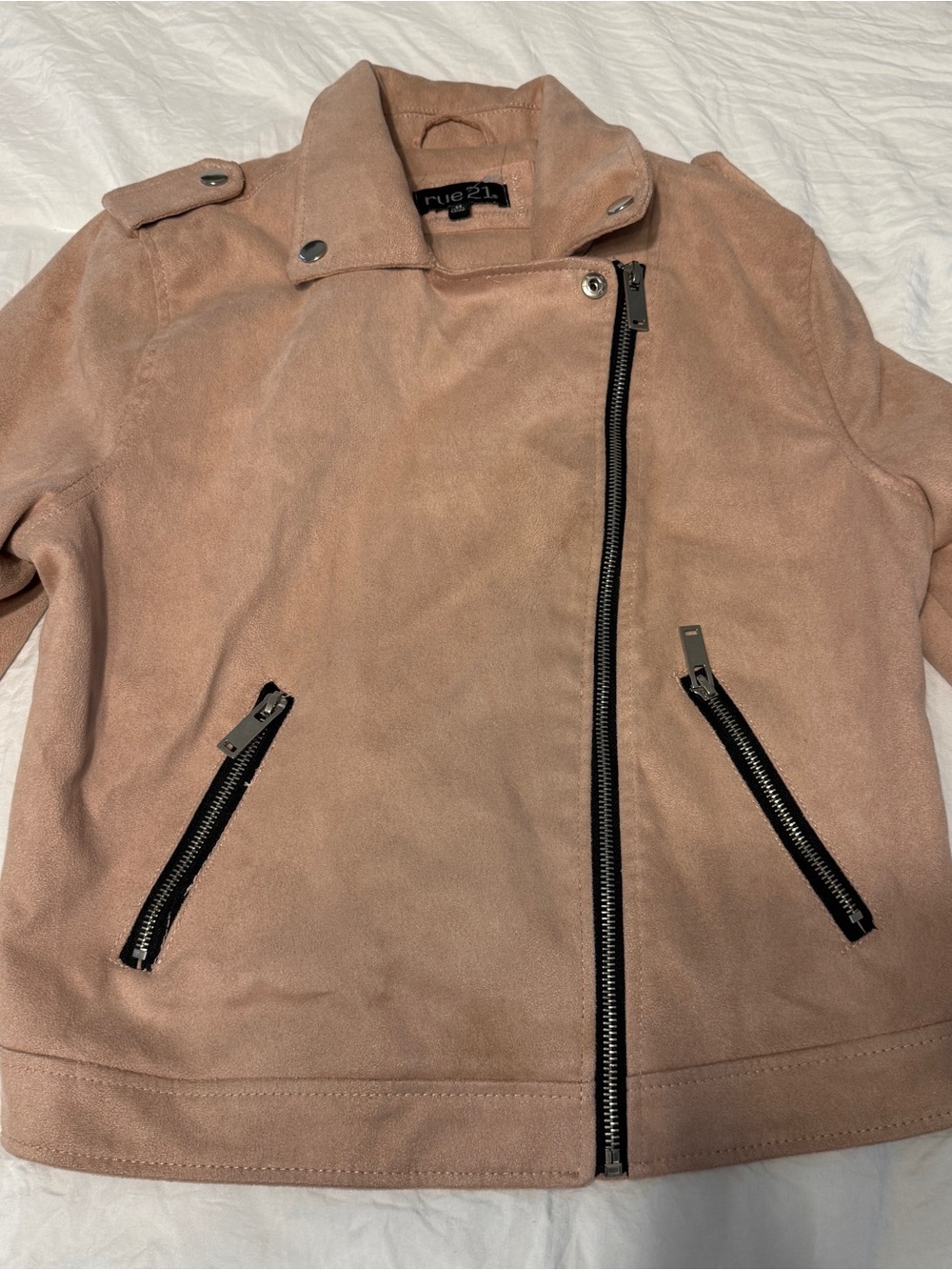 rue21 Womens Faux Suede Moto Jacket Blush Pink Crop Biker Motorcycle Medium Zip - Picture 3 of 16
